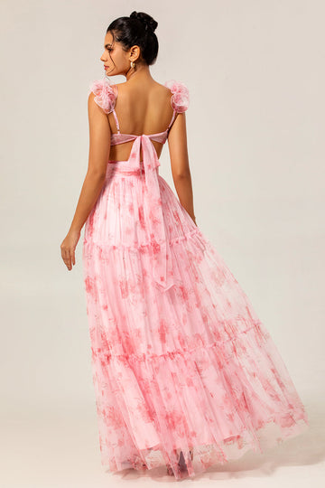 Blush Flower A-Line Cut Out Ruched Backless Print Long Bridesmaid Dress
